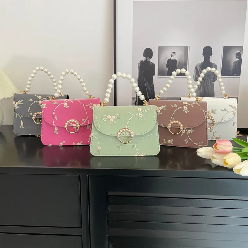 Floral Embroidery Square Shoulder Bag Faux Artificial Pearl Handle PU Leather Elegant Retro Crossbody Handbag