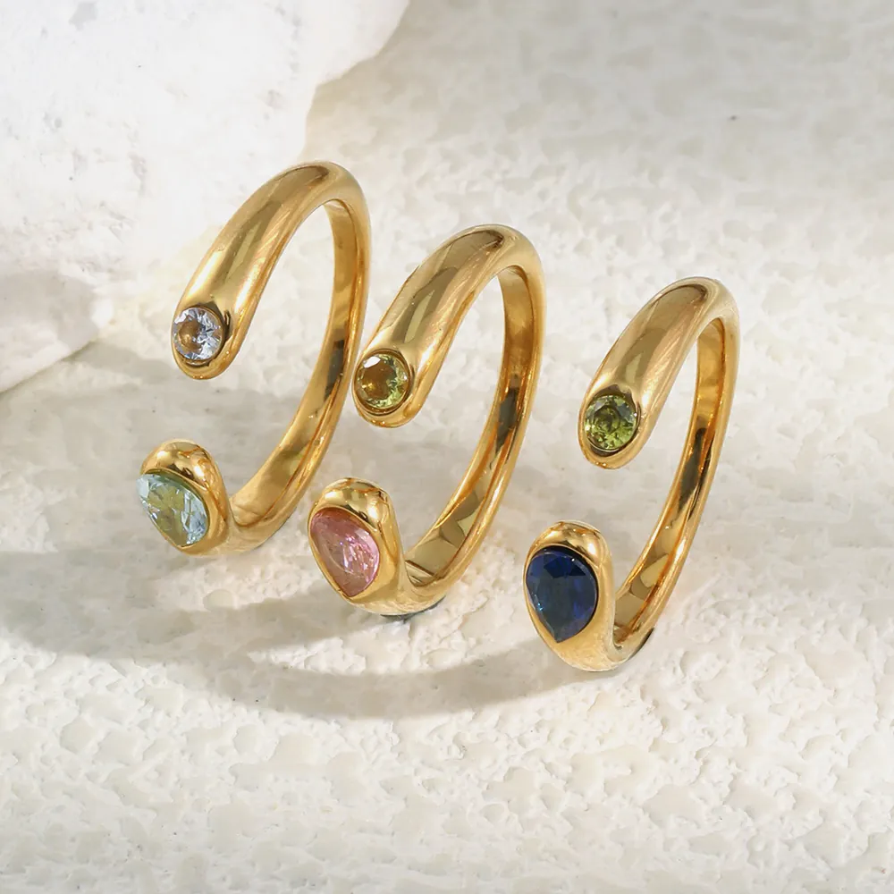 Fashion Asymmetrical Snake Head Open Ring Stainless Steel 18K Gold Plated Pear And Round Zircon Simple Jewelry For Women