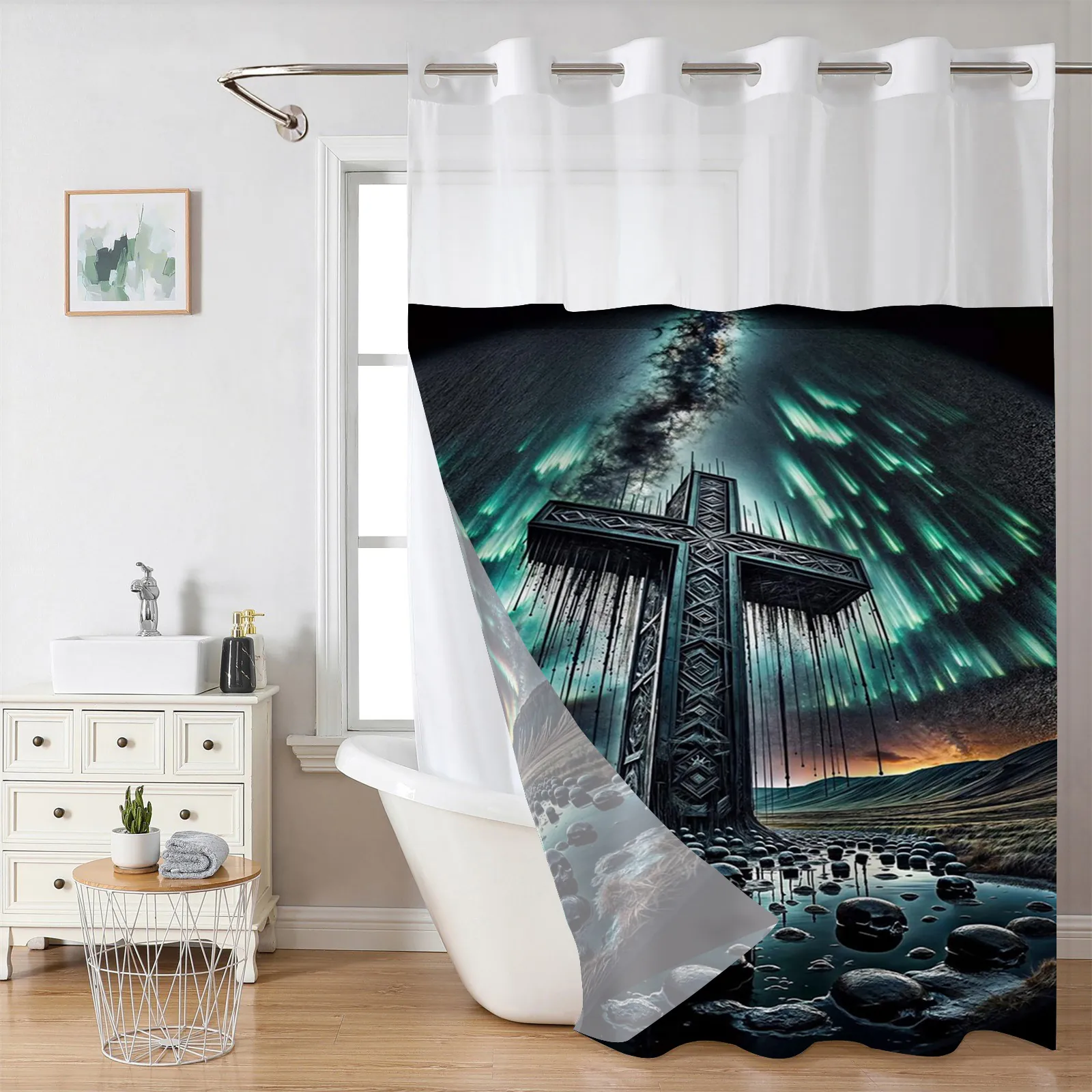Tenda Da Doccia In Poliestere Impermeabile Resistente Alla Muffa Arte Gotica Teschio Rosa Croce Paesaggio Arredo Bagno