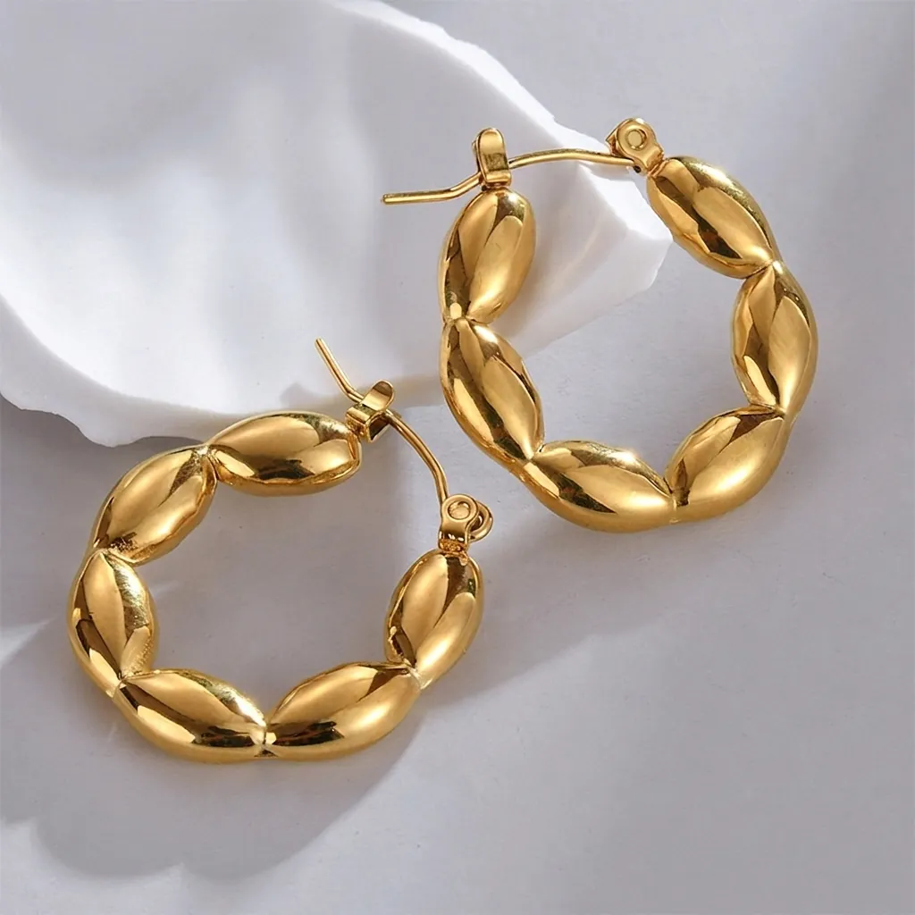 Chunky Hoop Earrings Stainless Steel 14K Gold Plated Retro Geometric Segmented Olive Bead Design Exquisite Fashion For Women