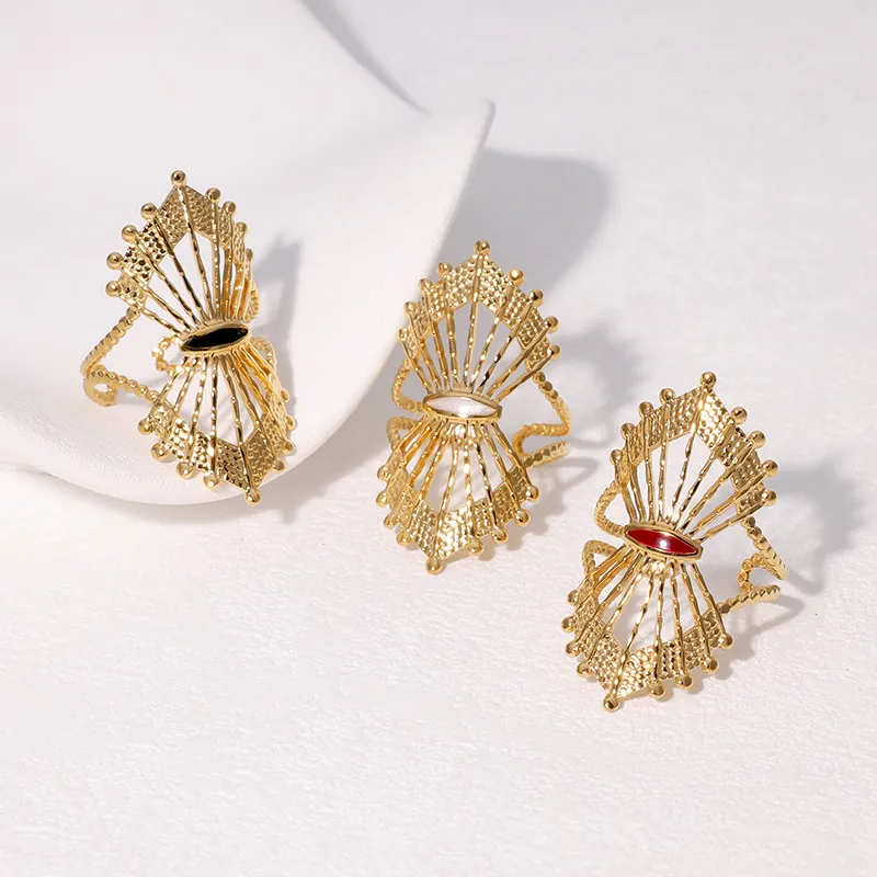Hollow Fan Shaped Ring Stainless Steel Gold Plated Adjustable Retro Bohemia Geometric Jewelry For Women