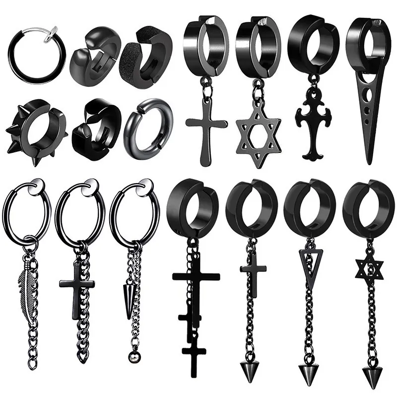 Black Non Pierced Ear Clips For Men Metal Gothic Punk Cross Star Chain Spike Feather Dagger Pendants Unisex Earring