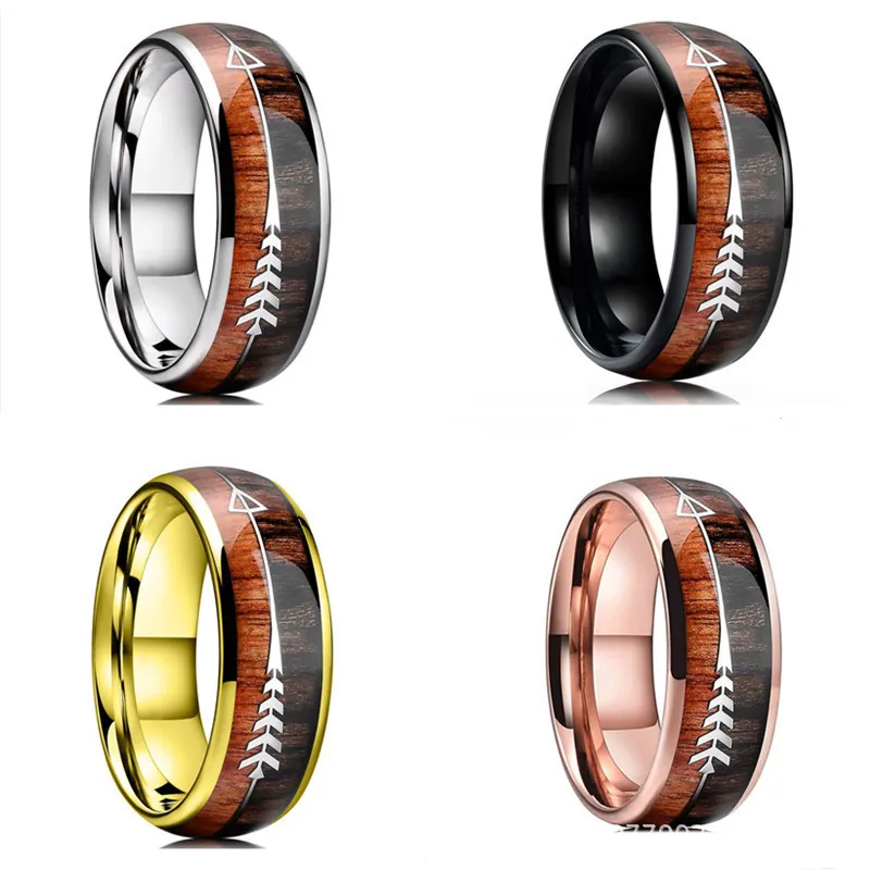 Stainless Steel Ring With Wood Inlay Arrow Pattern Retro Fashion Jewelry Band For Men And Women