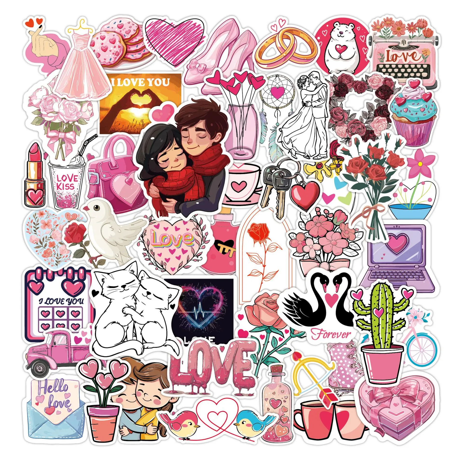 Valentine's Day Stickers Cartoon Heart Love Theme Waterproof PVC Decorative Stickers For Water Bottle Laptop Phone Car Wedding Party Decoration