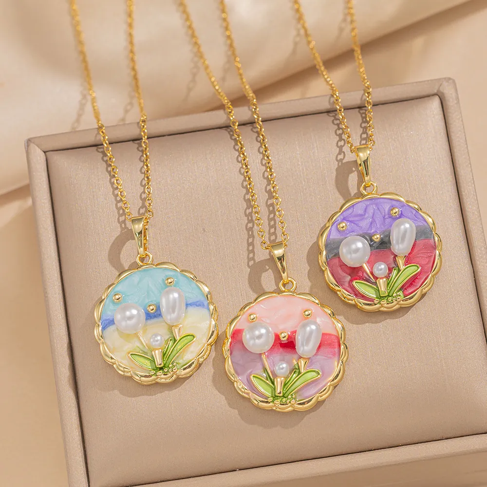 French Vintage Flower Pendant Necklace Titanium Steel Copper Enamel Freshwater Pearl Baroque Style Jewelry For Women