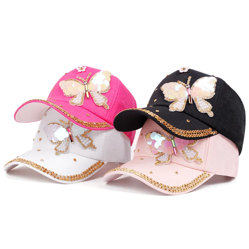 Casquette De Baseball Papillon Paillettes Künstliche Perle Strass Coton Denim Chapeau Soleil Réglable Mode Extérieur Femmes Filles