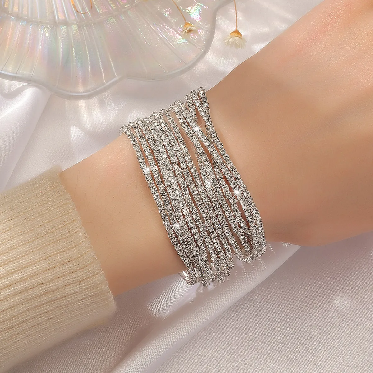 Single Row Rhinestone Elastic Bracelet Ultra Thin Crystal Wedding Bridal Jewelry Sparkling Elegant Bangle For Women