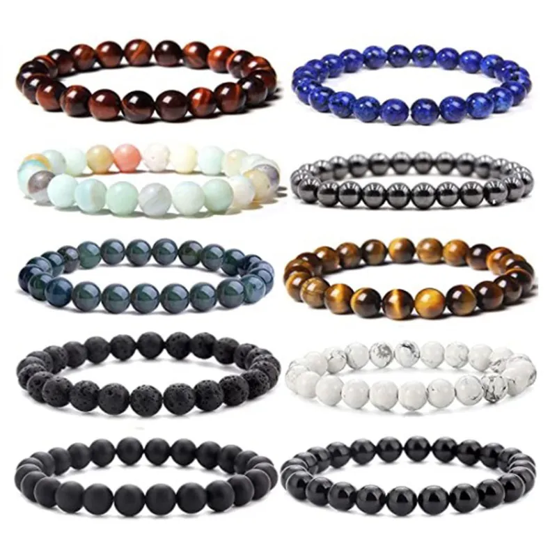Natuursteen Kralen Armband Tijgeroog Lavasteen Lapis Lazuli Genezing Energie Elastische Handgemaakte Sieraden Vrouwen Mannen