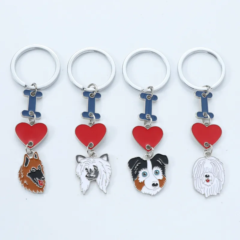 I Love Dog Pet Dog Portrait Heart Bone Metal Keychain Enamel Animal Breed Pendant Keyring For Dog Lovers Valentine Gift