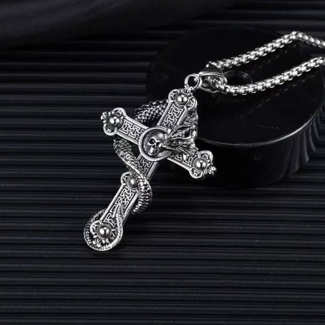 Cross Pendant Necklace Coiled Dragon Skull Gothic Retro Punk Zinc Alloy Stainless Steel Men Jewelry