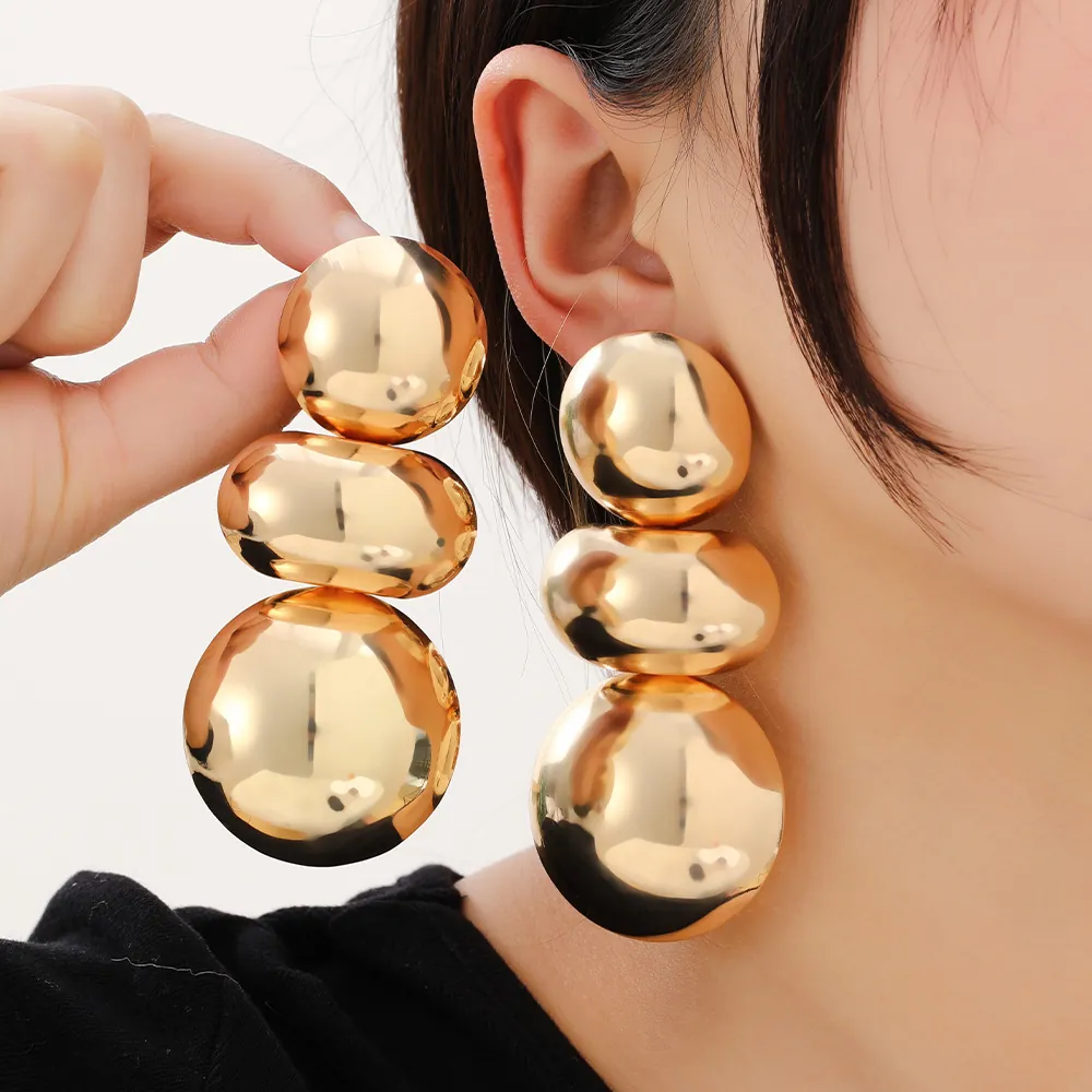 Graduated Stacked Geometric Sphere Drop Earrings Metallic Exaggerated Bold Jewelry With Stainless Steel Earring Post For Women