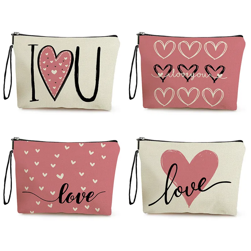Herz Druck Make-up Tasche Feines Leinen Tragbare Kosmetiktasche Mit Reißverschluss Und Handschlaufe Für Reisen