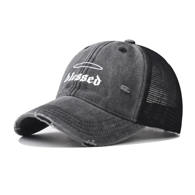 Blessed Embroidery Washed Cotton Trucker Hat Distressed Vintage Baseball Cap Breathable Mesh Sun Protection For Unisex