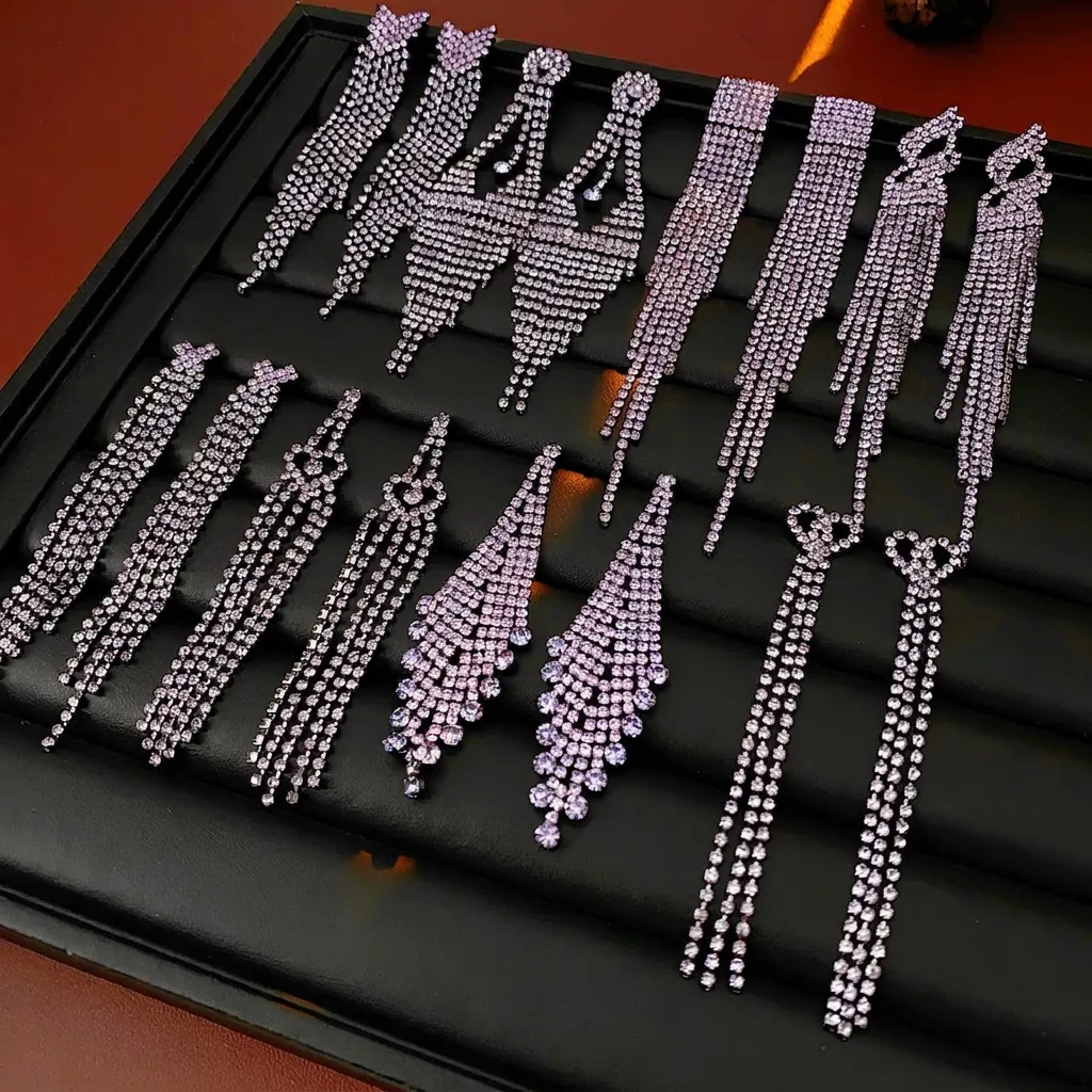 Boucles D'oreilles En Strass Violet Longues À Pampilles Avec Tige En Argent Bijoux De Mode Géométriques Femmes