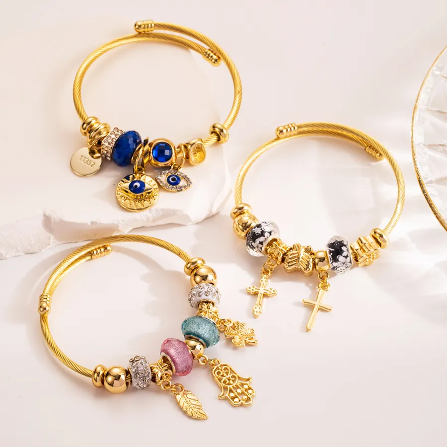 Evil Eye Hamsa Hand Cross Charm Bangle Bracelet Adjustable Gold Alloy Bead Rhinestone Bohemian Jewelry Women