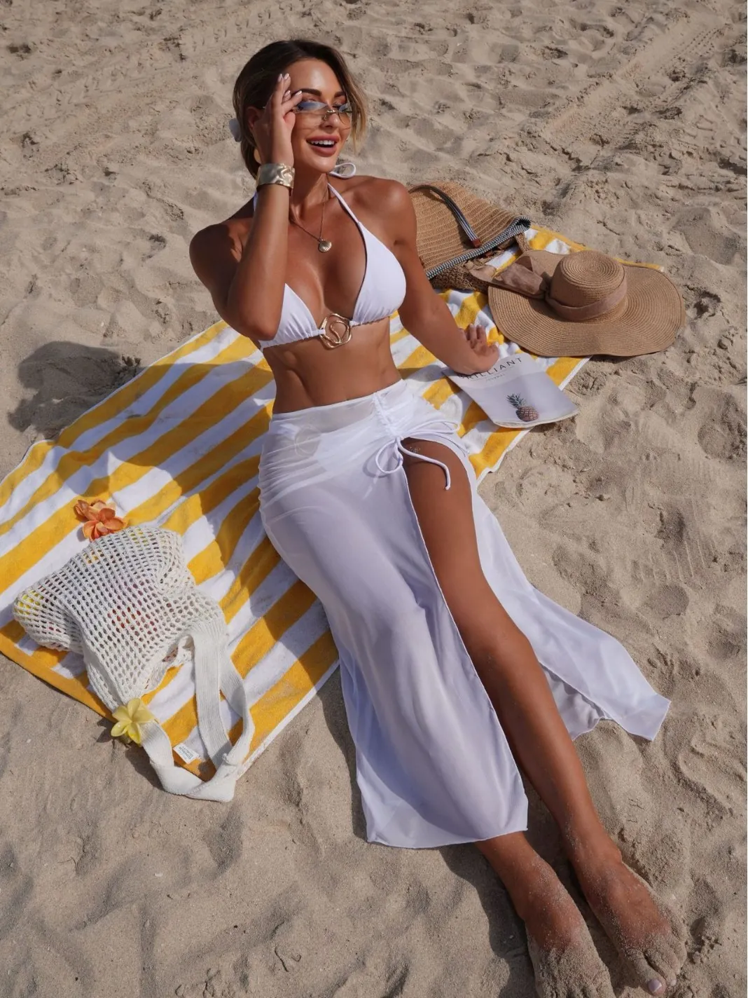 Women Halter Bikini Top Bottom And Sheer Mesh Beach Skirt Side Slit Solid Color Swimwear