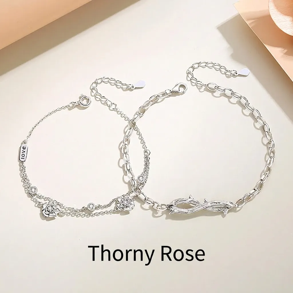 Bracciale Collana Anello per Coppia in Argento Sterling 925 Con Rosa e Spine Gioielli Romantici Design Originale Regalo Amanti