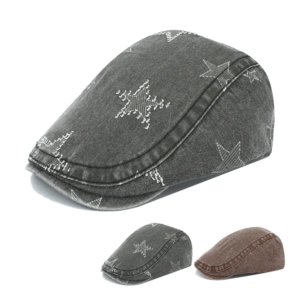 Casquette Ivy En Jean De Coton Lavé Vintage Motif Étoiles Chapeau Plat Délavé Pour Femmes Y2K Streetwear Béret Réglable