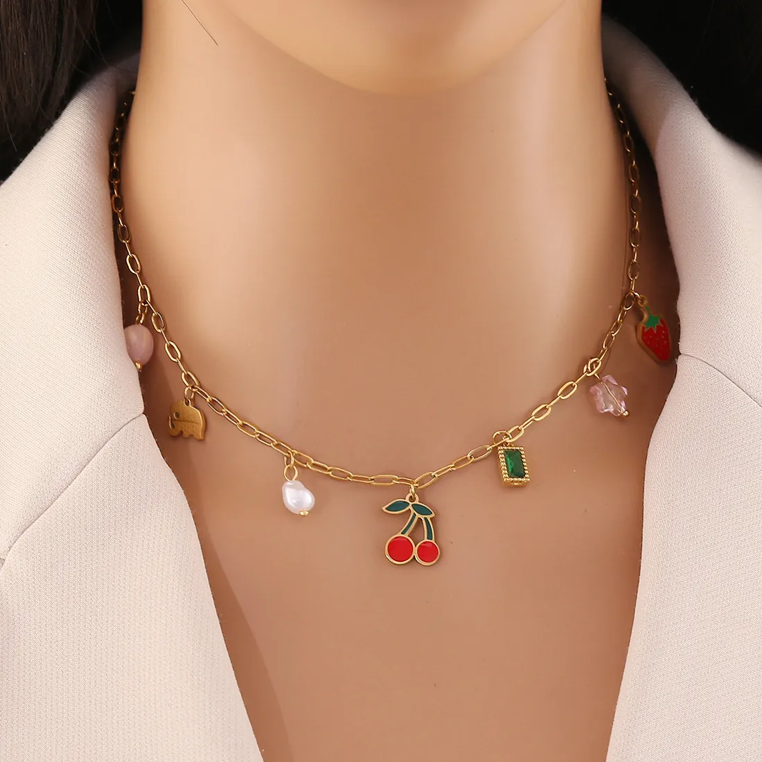Collana Con Pendente In Acciaio Inossidabile Dolce Smalto Ciliegia Fragola Motivo Frutta Multi Elementi Catena Clavicola Per Donne