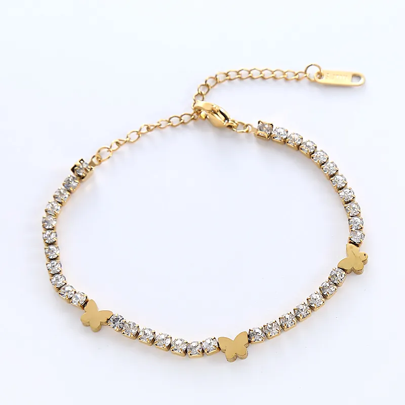 Butterfly Rhinestone Bracelet Women Stainless Steel Shiny Tennis Chain Adjustable Jewelry Elegant Niche Charm Link