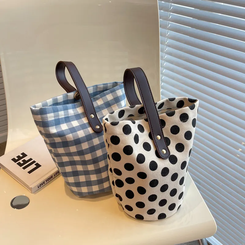 Polka Dot Gingham Canvas Bucket Handbag With Brown Leather Handle Rivet Retro Casual Large Capacity Women Fashion Tote