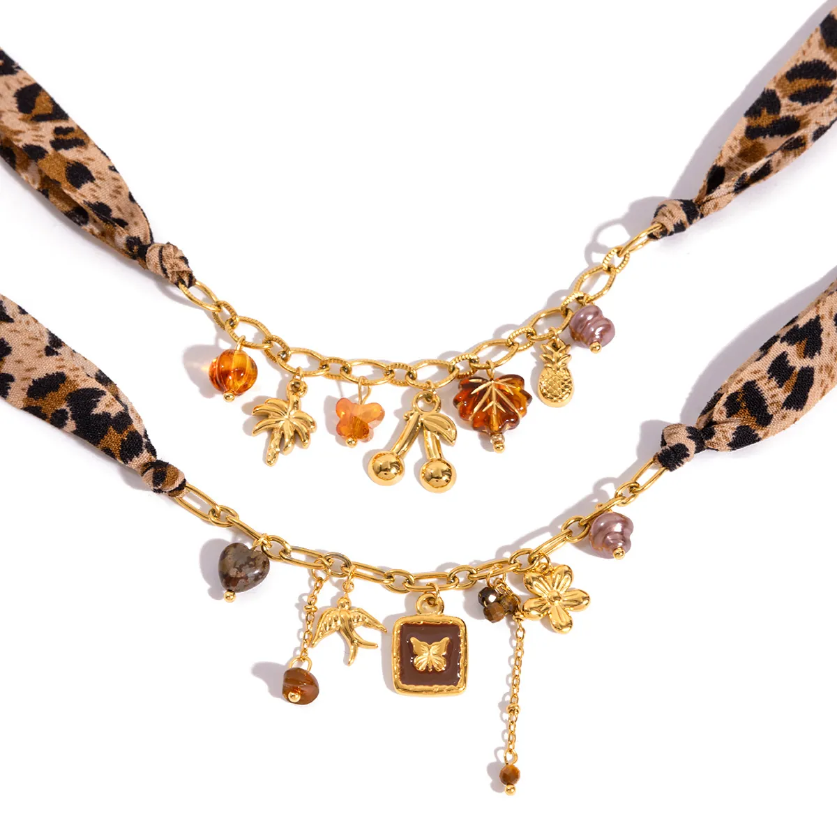 Collier Pendentif Ruban Imprimé Léopard en Acier Inoxydable Bohème Multi Éléments Breloques Pierre Oeil de Tigre Perle Artificielle