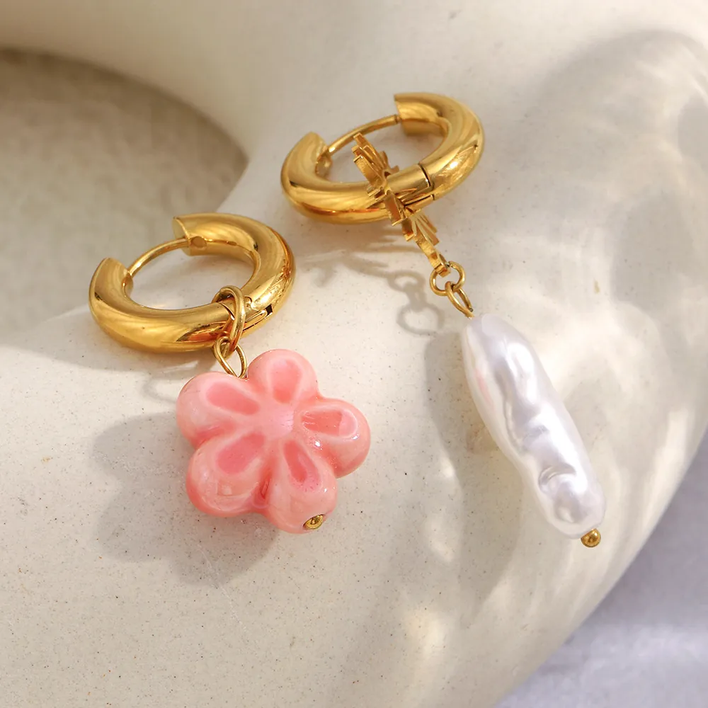 Asymmetric Hoop Earrings 18K Gold Plated Stainless Steel With Pink Ceramic Flower And White Artificial Baroque Pearl For Women