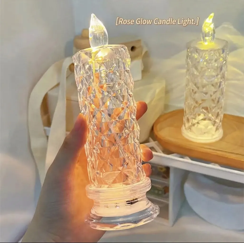LED Flameless Candle Light Electronic Crystal Rose Diamond Texture Romantic Valentine Day Plastic Atmosphere Lamp Decoration