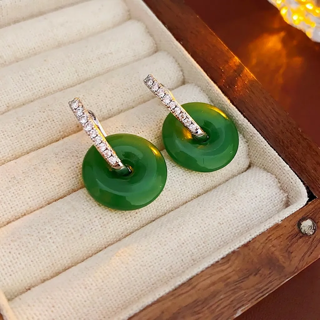 Boucles D Oreilles Créoles En Jade Vert Style Néo Chinois Avec Cuivre Zircon Et Tige En Argent Rétro Élégant Pour Femme