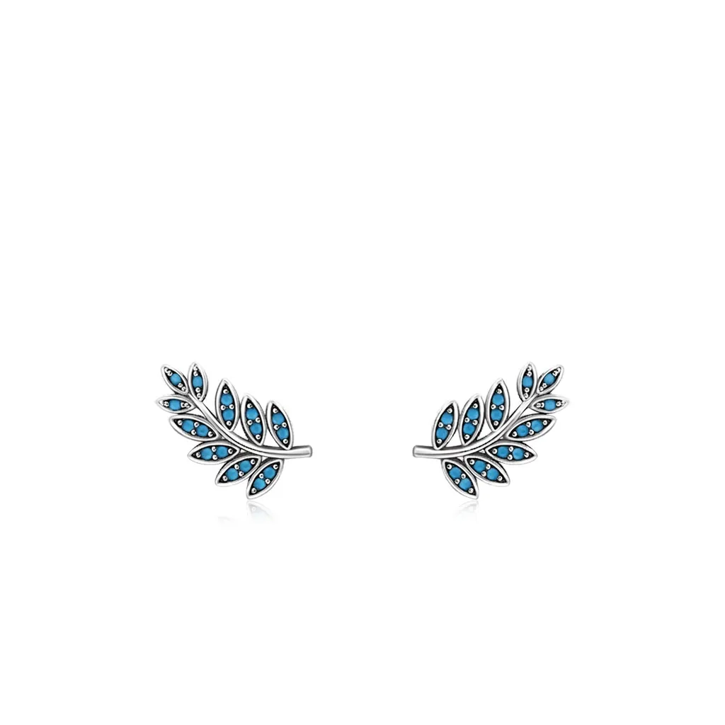 925 Sterling Silver Leaf Stud Earrings For Women Retro Turquoise Gemstone Inlaid Botanical Jewelry With Silver Post
