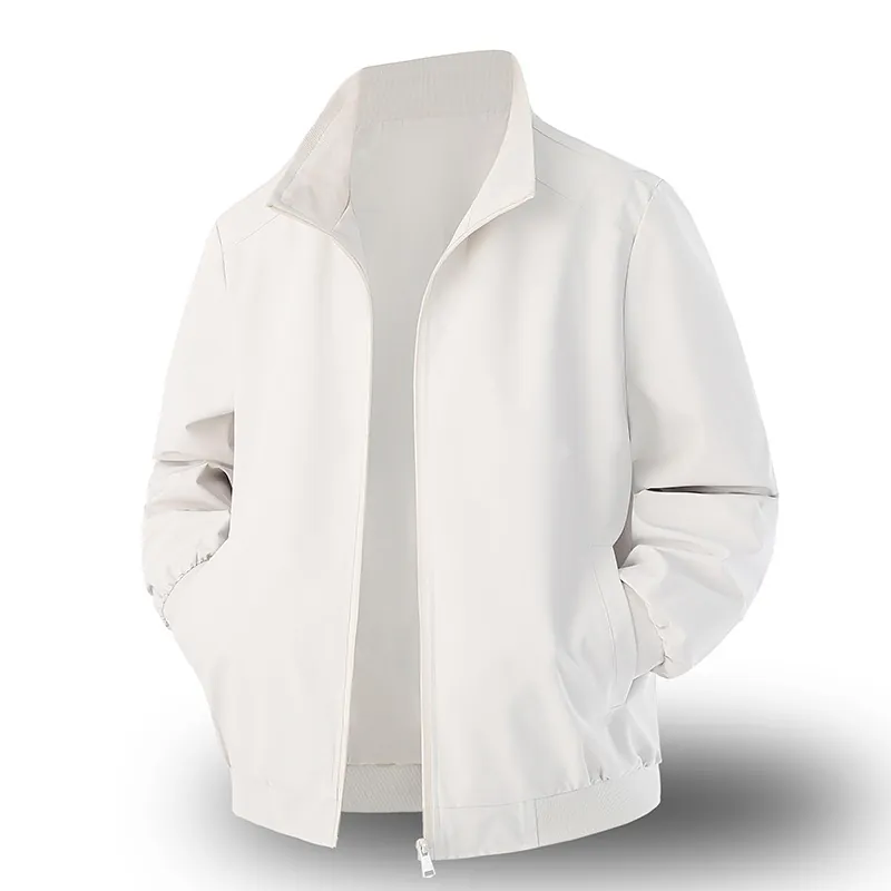 Men Casual Jacket Stand Collar Windproof Solid Color Zipper Outerwear Ribbed Cuffs Lightweight Bomber Coat