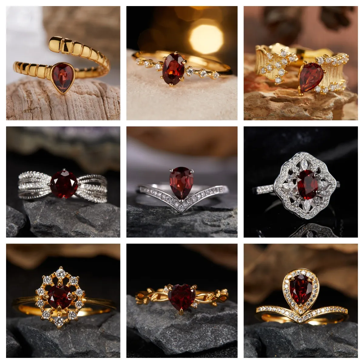 925 Sterling Silver Plated 18K Gold Natural Garnet Rings For Women Minimalist Vintage Red Gemstone Snake Heart Bow Adjustable Open Rings