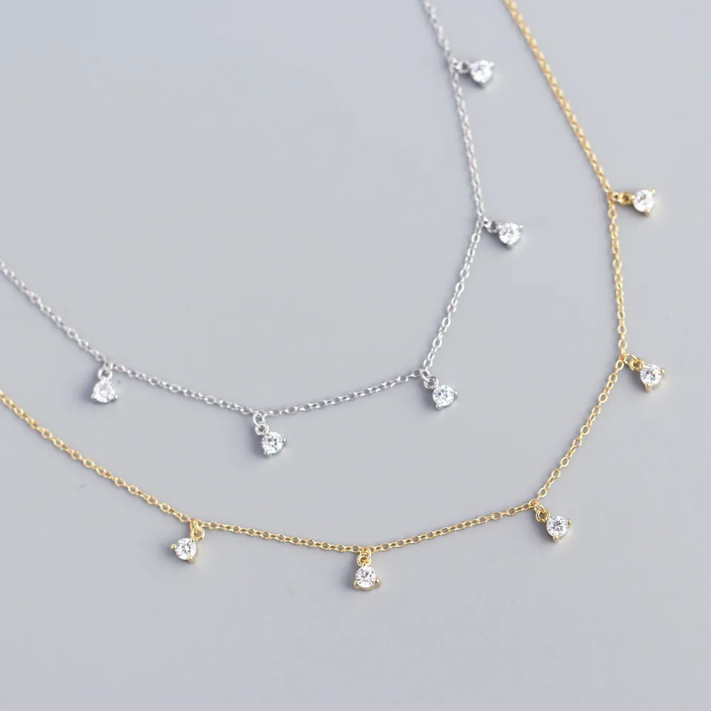 925 Sterling Silver Necklace With Round Zirconia Pendants Minimalist Dainty Clavicle Chain For Women Elegant Daily Jewelry