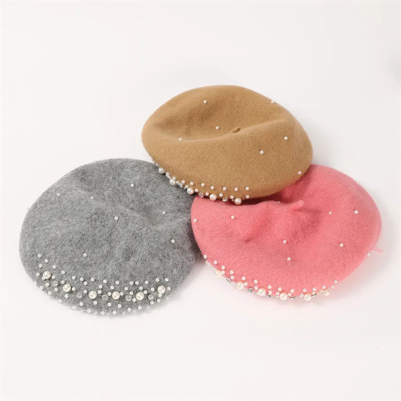 Artificial Pearl Rhinestone Beret Hat Women Wool Blend Solid Color French Painter Cap Elegant Warm Winter Fashion Accessory
