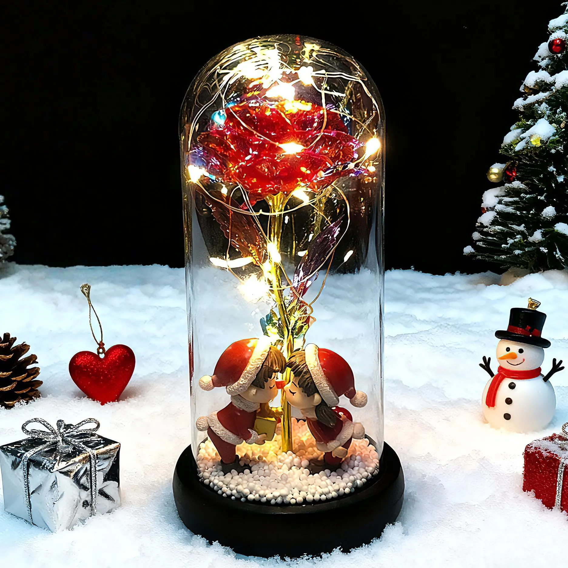Rosa de Navidad LED Cúpula de Vidrio Muñeca de Pareja Luz Nocturna Decoración Festiva para el Hogar Regalo de San Valentín Adorno