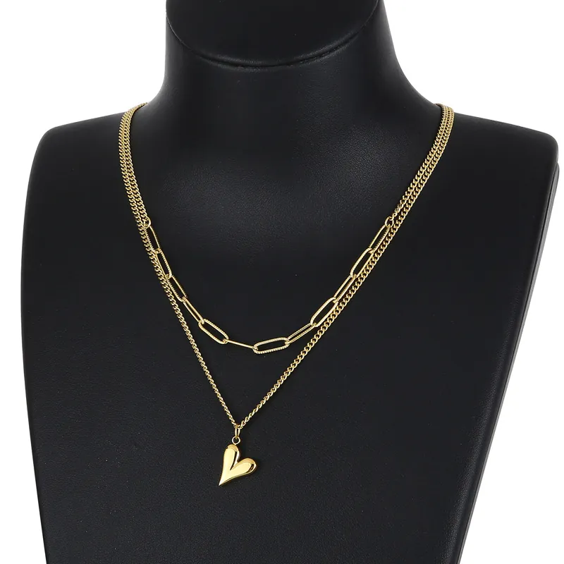 Collier Multirang Acier Inoxydable Pendentif Coeur Double Couche Chaîne Trombone Bijoux Mode Femme Élégant