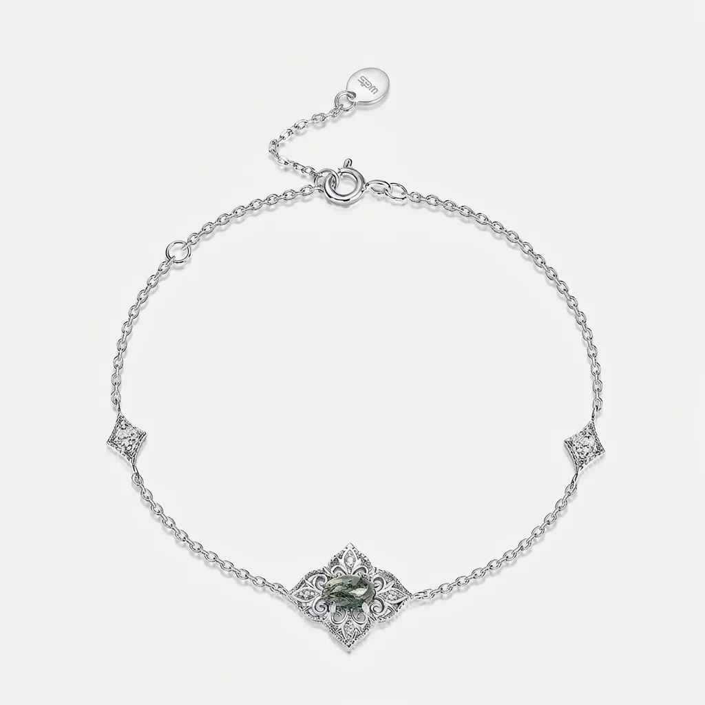 Bracciale In Agata Muschio Vintage Cavo Floreale Ovale Pietra Verde Argento Sterling 925 Gioielli Regolabili Per Donne