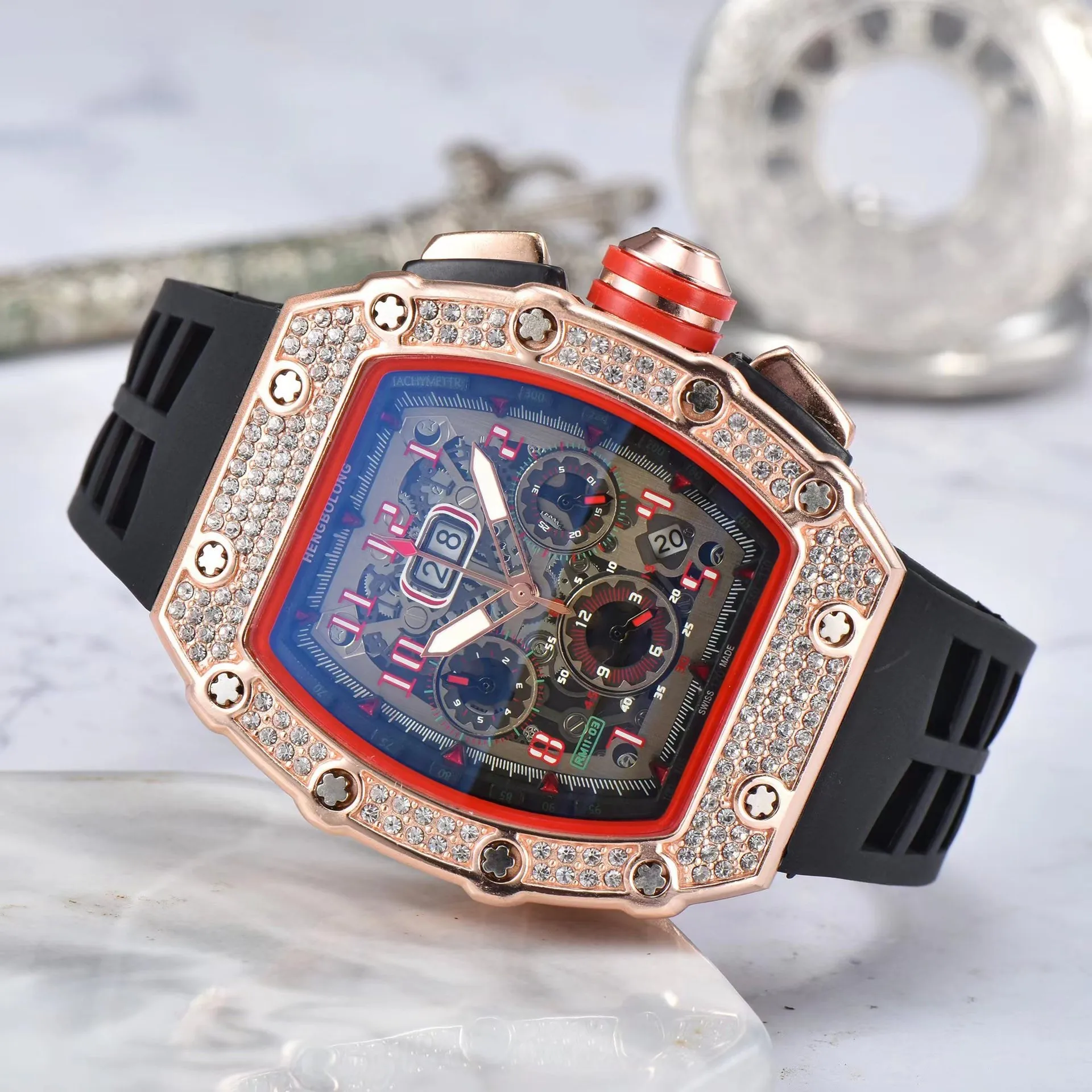 Men Quartz Watch Tonneau Shaped Skeleton Dial Rhinestone Case Luminous Calendar Chronograph Sporty Silicone Strap Luxury Business