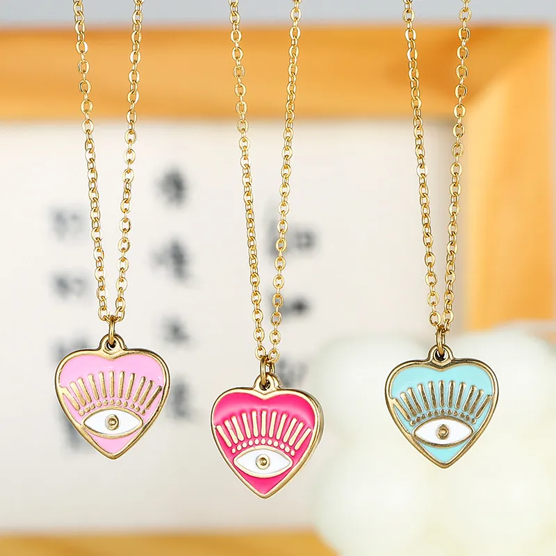 Heart Pendant Necklace Stainless Steel 14K Gold Plated Enamel Evil Eye Eyelash Exquisite Fashion Jewelry Women