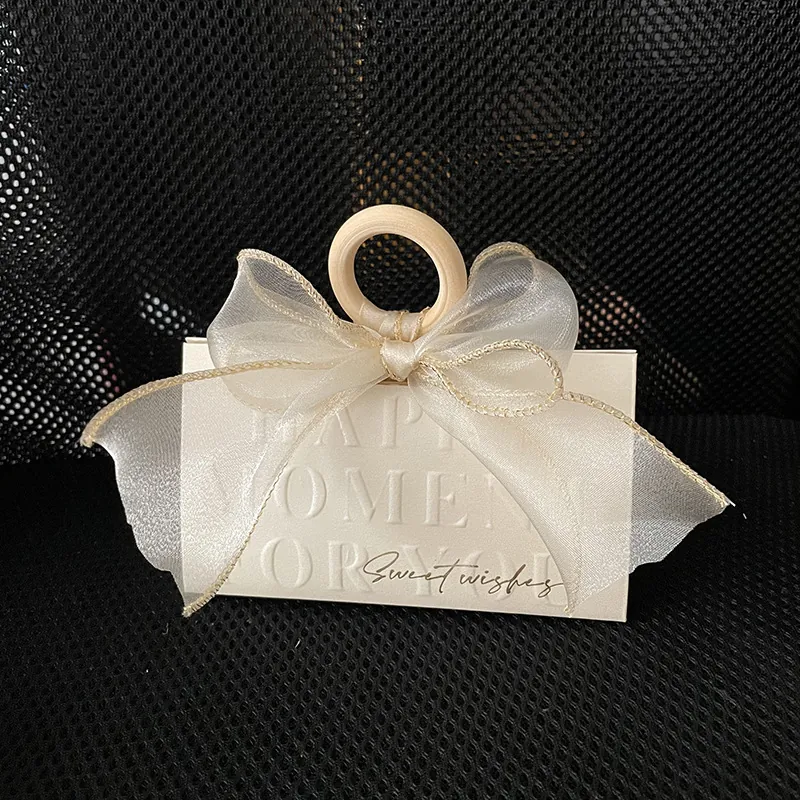 Wedding Favor Candy Gift Case Triangular Paper Ribbon Bow Wooden Ring Sweet Wishes Party Souvenir Engagement Packaging