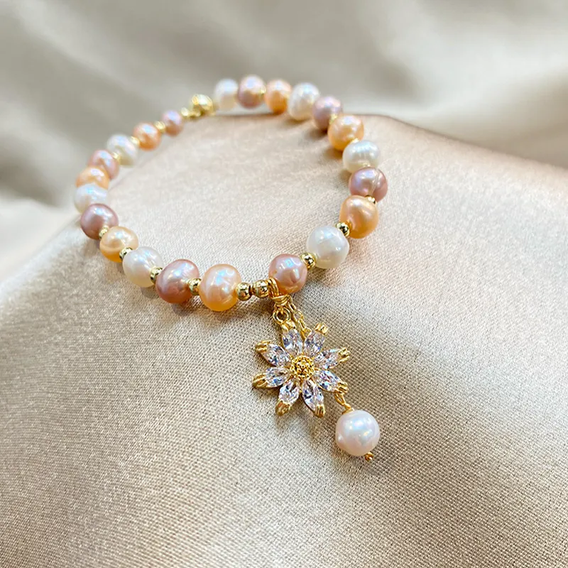 Multicolor Freshwater Pearl Bracelet With Zircon Sunflower Pendant Adjustable Gold Plated Elegant Jewelry For Women