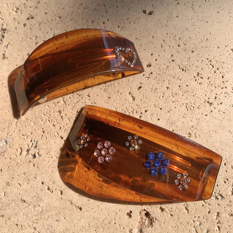 French Vintage Tortoiseshell Hair Clips Acetate Amber Color Rhinestone Heart Floral Pattern Spring Barrettes For Women