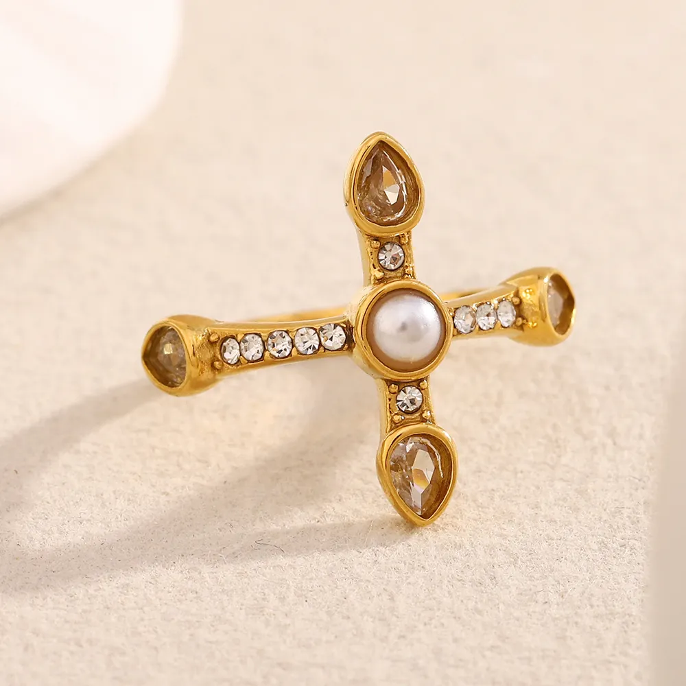 Cross Ring Gold Plated Stainless Steel Artificial Pearl Zircon Baroque Vintage French Design Elegant Aesthetic Jewelry Women