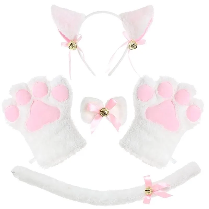Plush Cat Ear Headband Claw Gloves Tail And Bowtie Necktie For Halloween Cosplay Costume Party Accessories