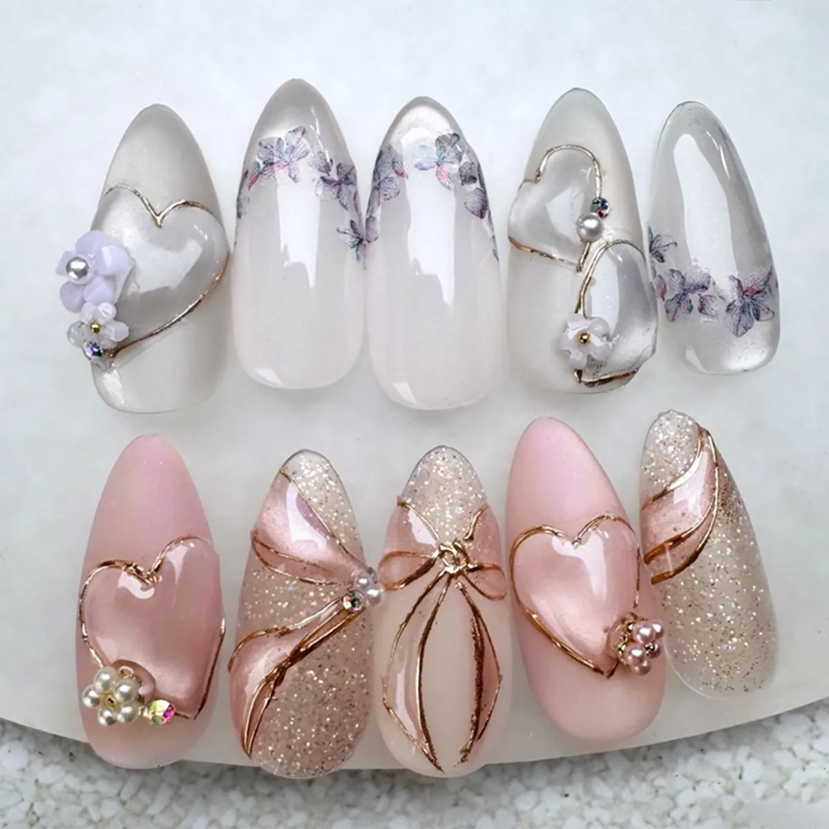 Long Stiletto Fake Nails ABS Plastic Sweet Gradient Pink 3D Resin Flowers Artificial Pearls Rhinestones Heart Bow Design French