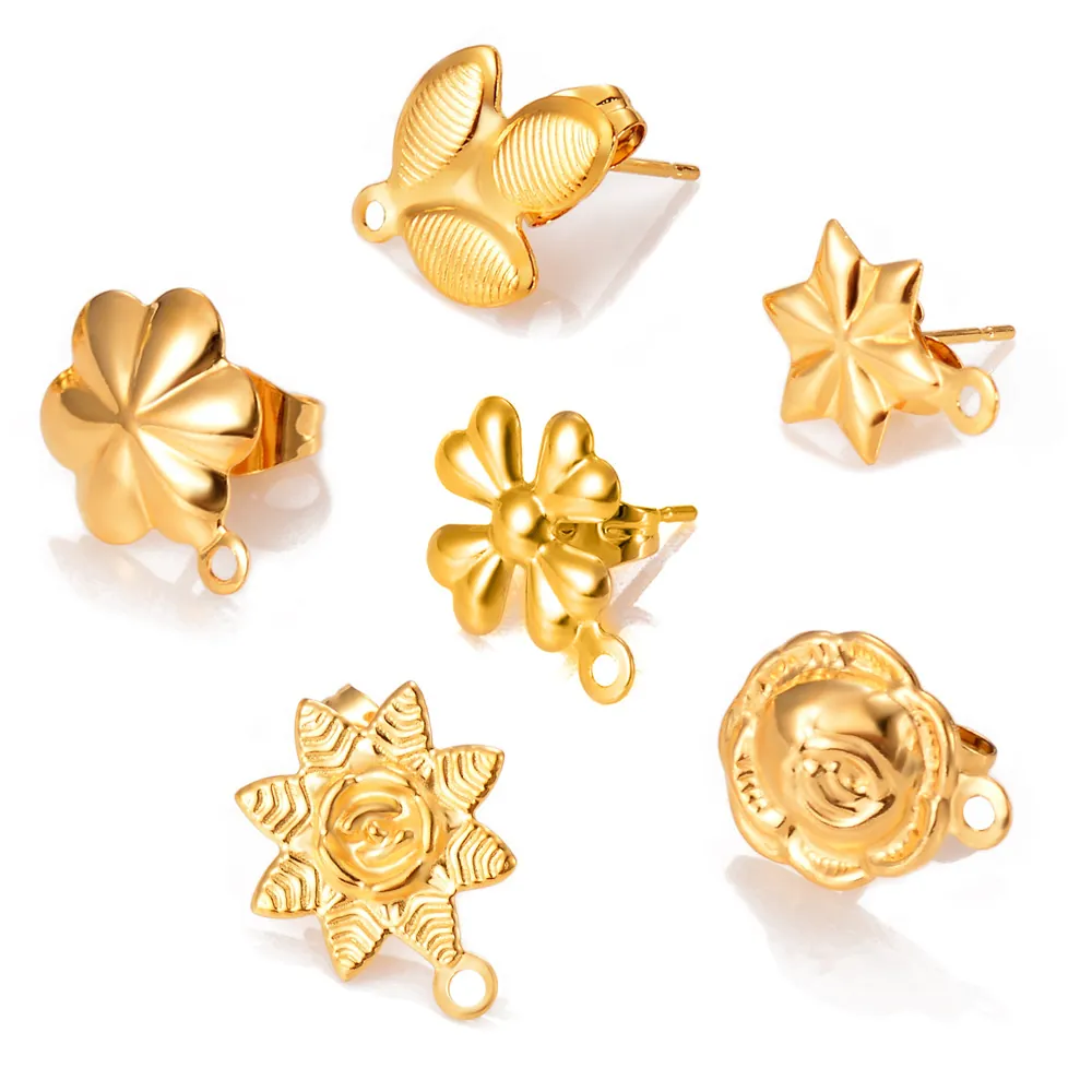Stainless Steel Earring Posts Findings Clover Flower Star Leaf Shapes With Loops For DIY Jewelry Making