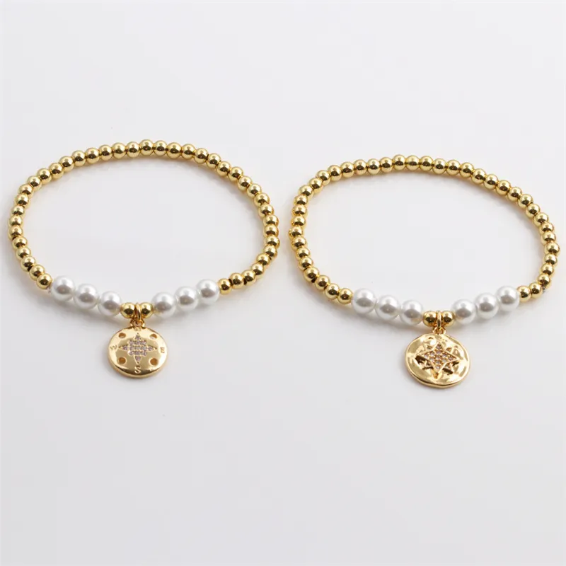 Bracelet Künstliche Perles Mode Cuivre Künstliche Perles Dorées Avec Künstliche Perles Breloque Étoile Boussole Bijoux Élastiques Pour Femmes Élégant