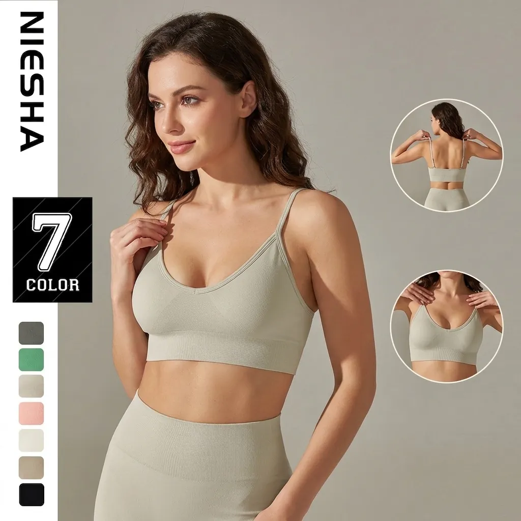 Women Seamless Knitted Yoga Sports Bra Tank Top Spaghetti Strap Ribbed Moisture Wicking Fitness Running Top