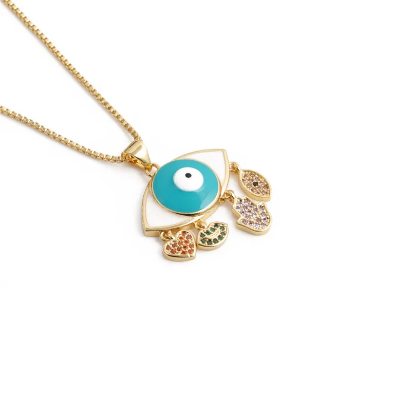 Collana Con Ciondolo Malocchio Rame Placcato Oro Zircone Colorato Mano Di Hamsa Cuore Labbra Ciondoli Gioielli Moda Donna