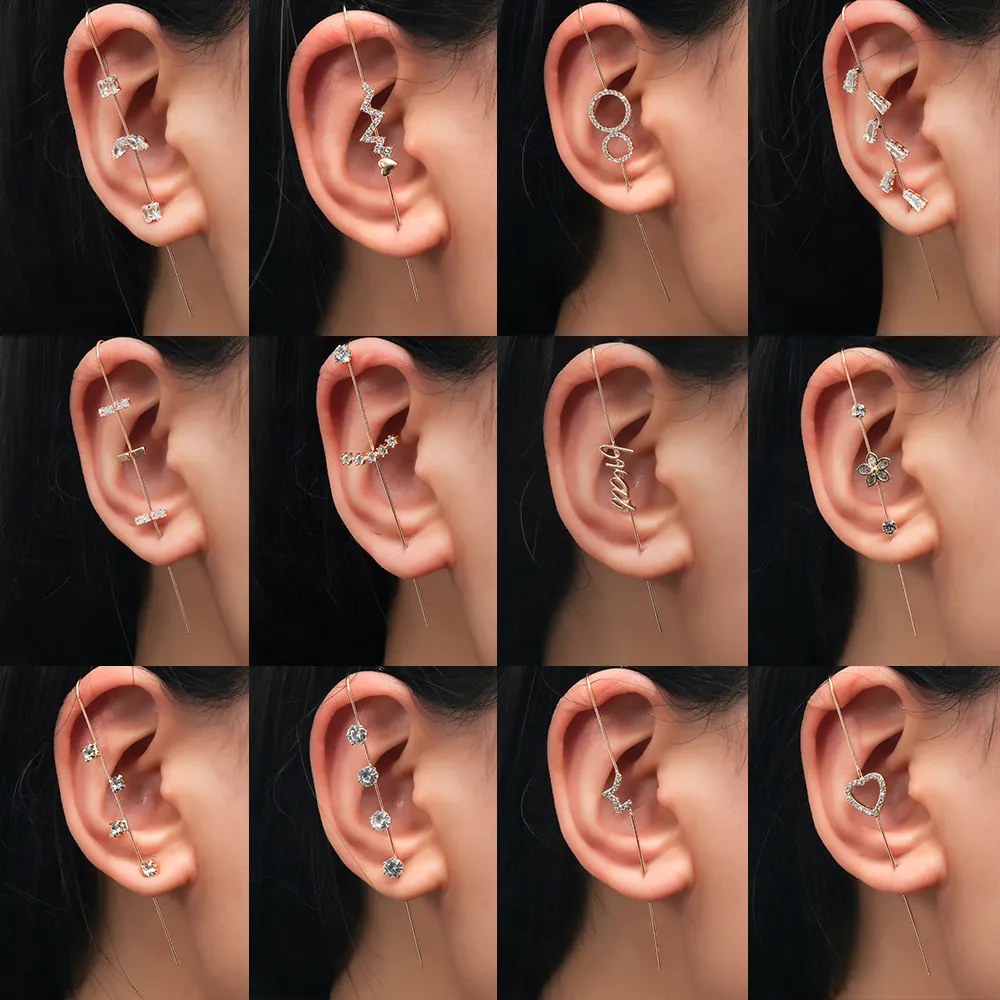 Women Alloy Zircon Ear Crawler Hook Earrings Star Heart Letter Pattern Elegant Gold Silver Plated Jewelry Earring